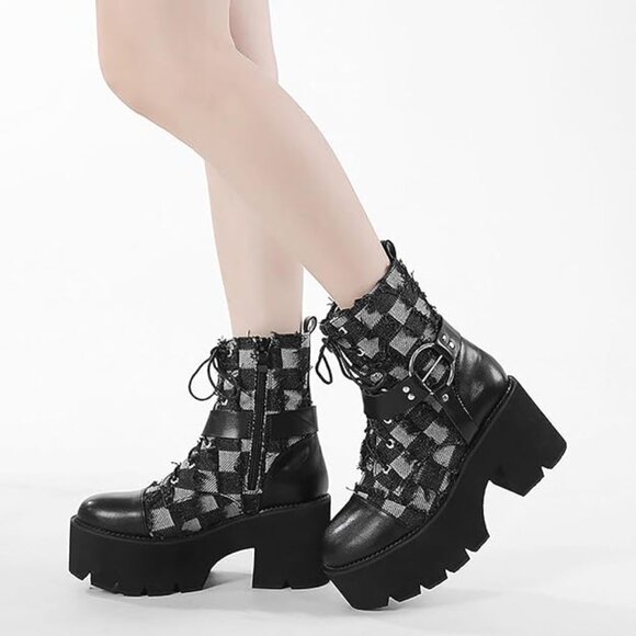 NEW! Women's Denim Leather Splice Chunky Heel Goth Ankle Boots With Side Zipper - Picture 2 of 5
